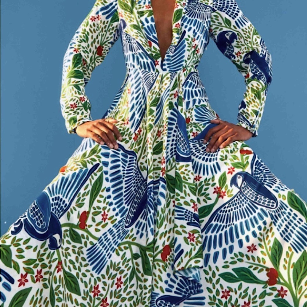 FARM Rio Blue, Green & White Bird-Print Maxi Dress